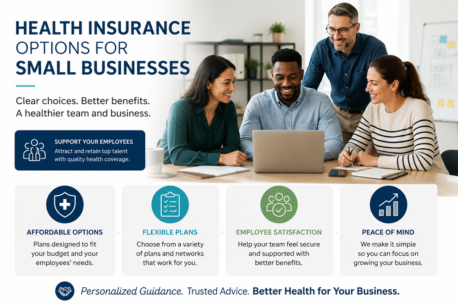 Four coworkers collaborating around a laptop, illustrating health insurance options for small business teams