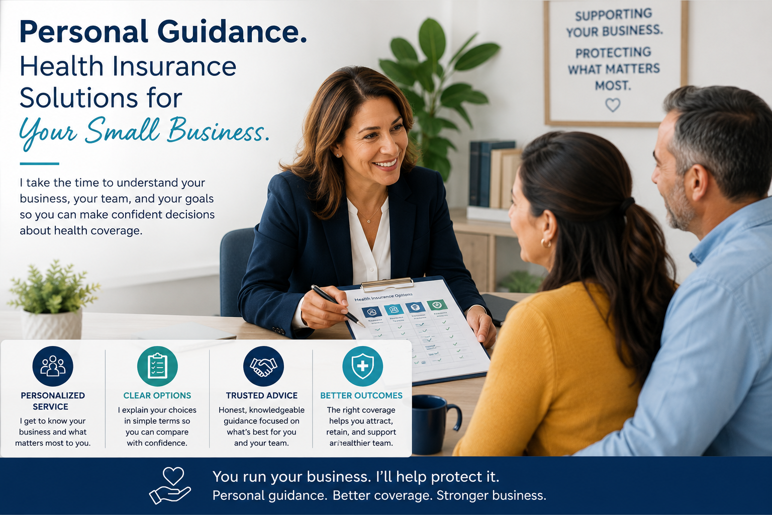 Insurance advisor reviewing small business health coverage options with a couple in an office