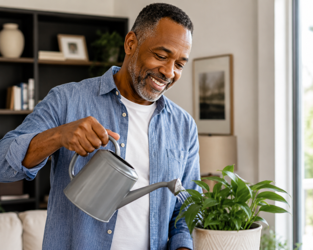Senior man watering a houseplant at home, enjoying an active retirement