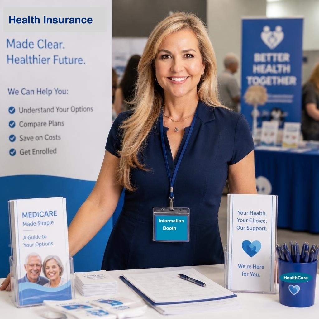 Diana Osorio at a community health fair information booth, sharing Medicare education materials