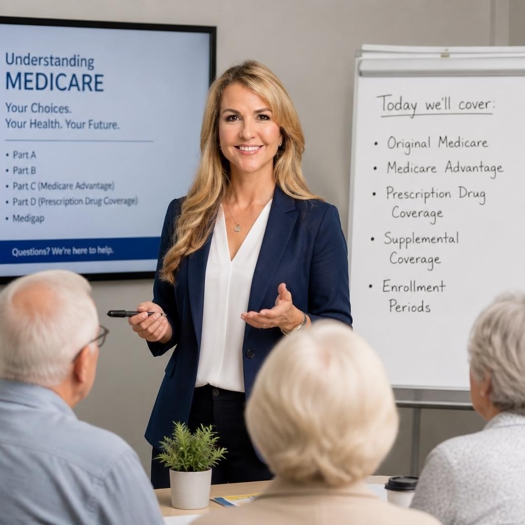 Diana teaching a Medicare education class to a group of seniors, covering plan parts and enrollment periods