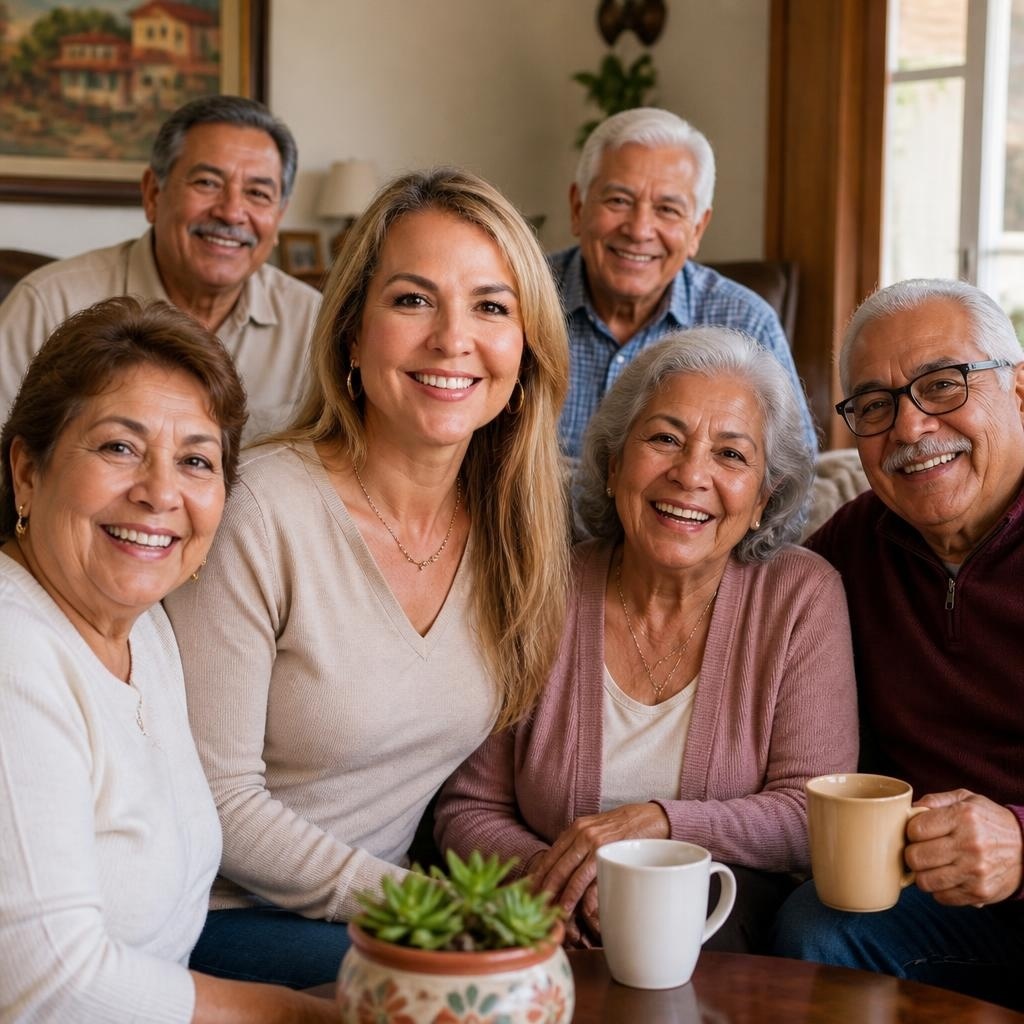 Diana smiling with a group of senior clients gathered warmly around a table